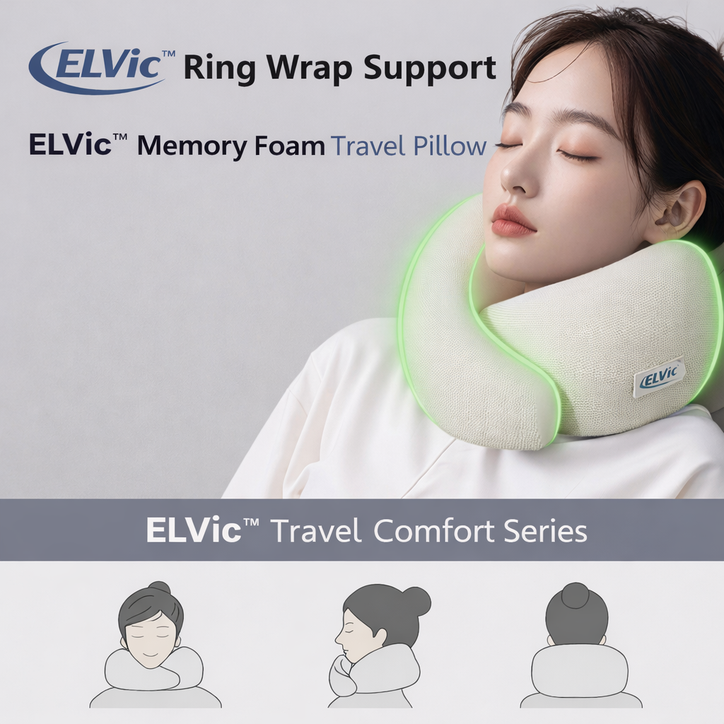 ELVic™ Memory Foam Travel Neck Pillow – Ergonomic U-Shape Support for Airplane, Car & Office