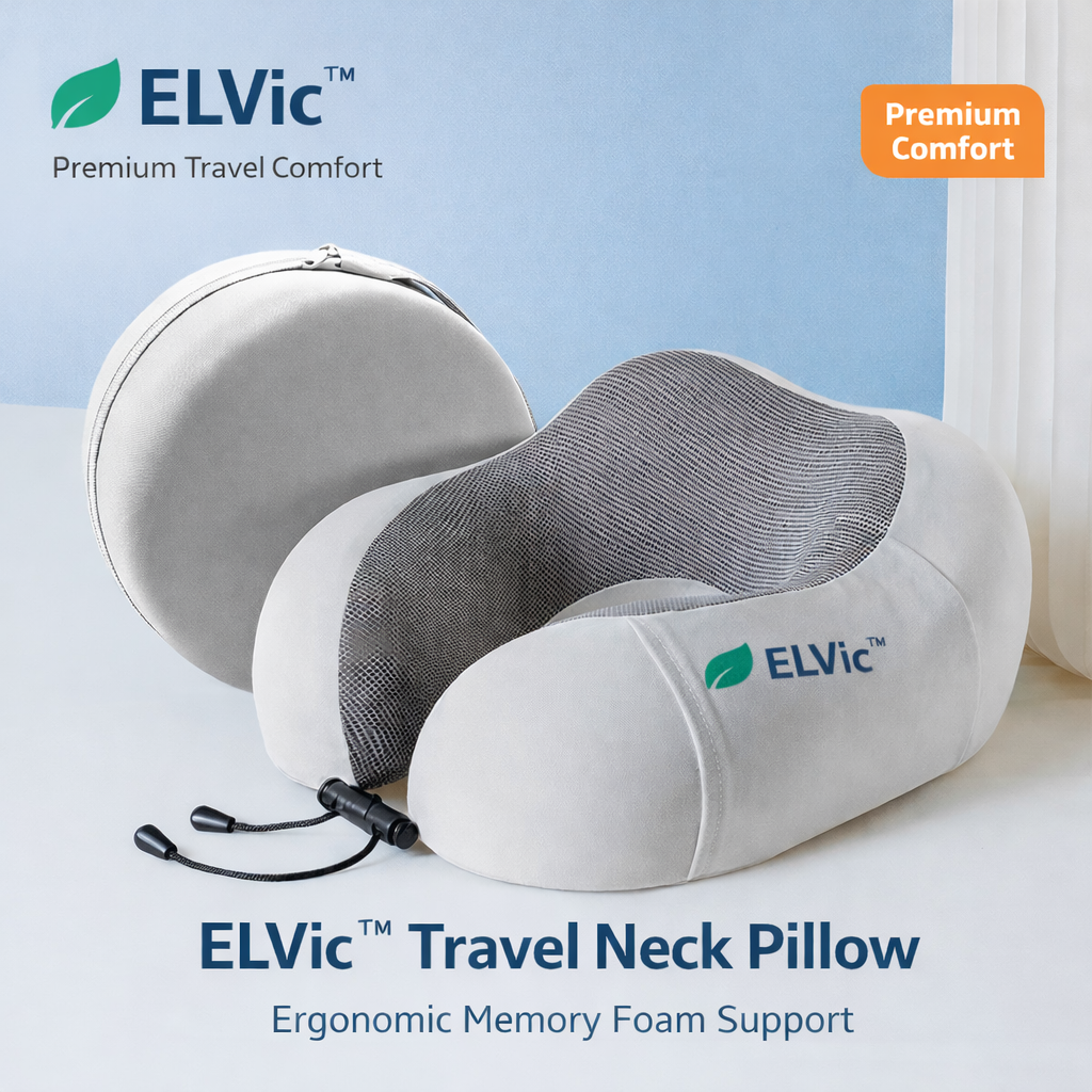 ELVic™ Memory Foam Travel Neck Pillow – Portable U-Shape Support Pillow for Airplane, Car & Office Comfort