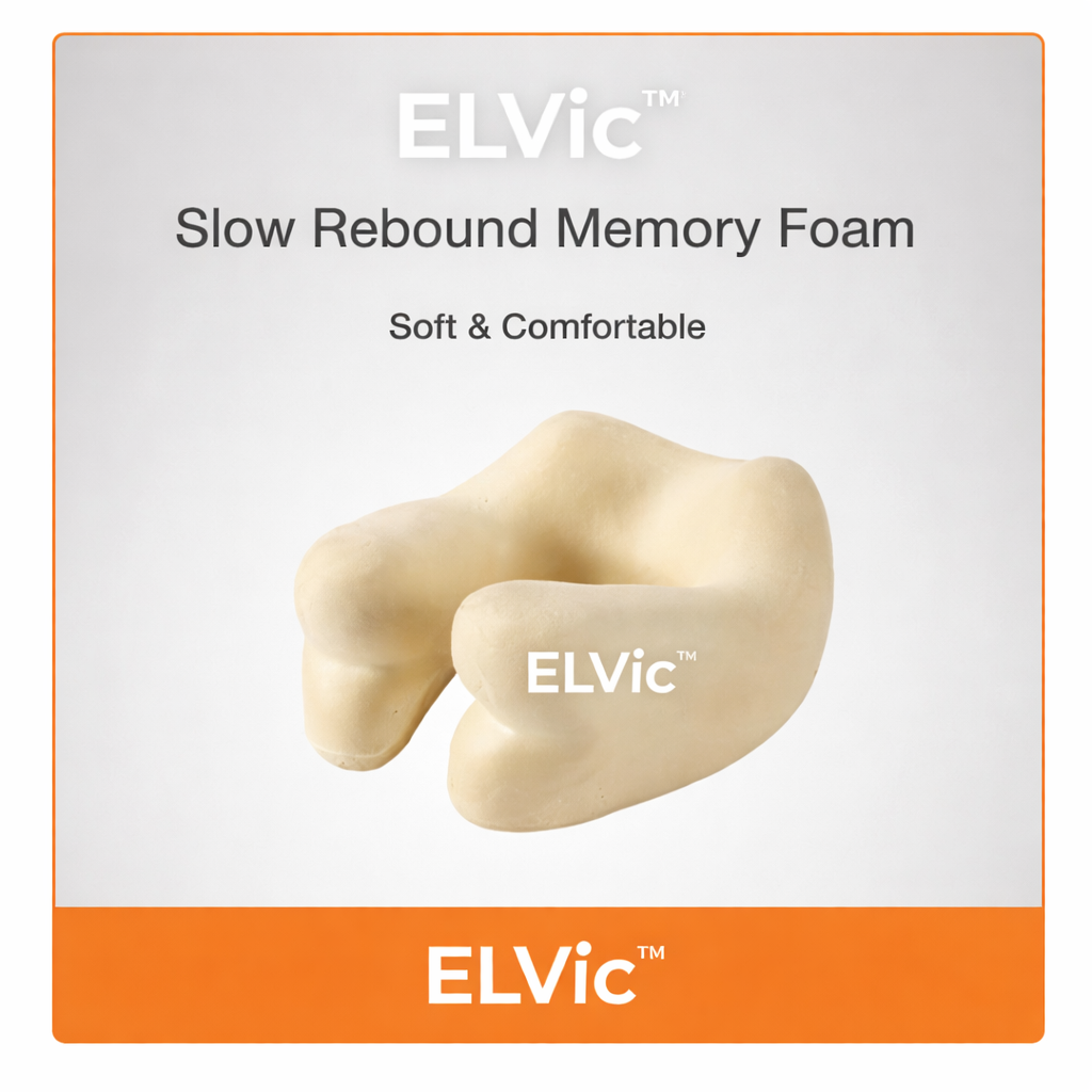 ELVic™ Premium Memory Foam Travel Neck Pillow – Portable Ergonomic Comfort for Airplane, Car & Office