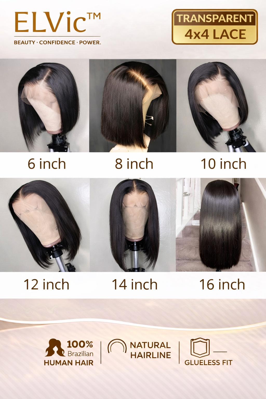 ELVic™ Short Bone Straight Lace Wig – 100% Human Hair Bob with Transparent Lace