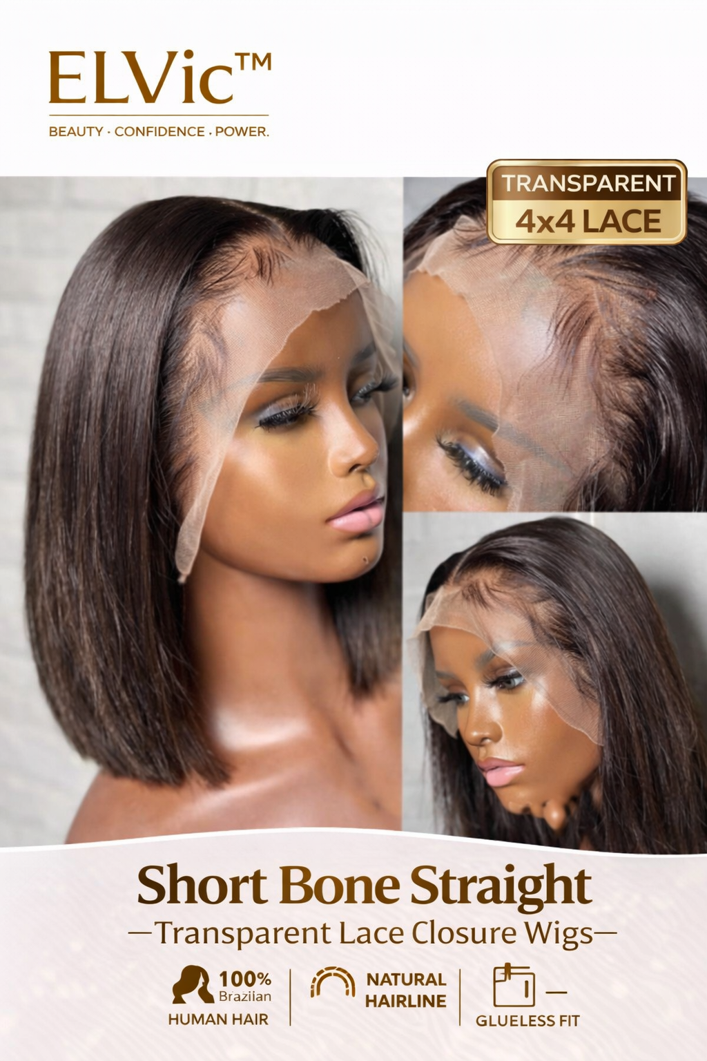 ELVic™ Short Bone Straight Lace Wig – 100% Human Hair Bob with Transparent Lace