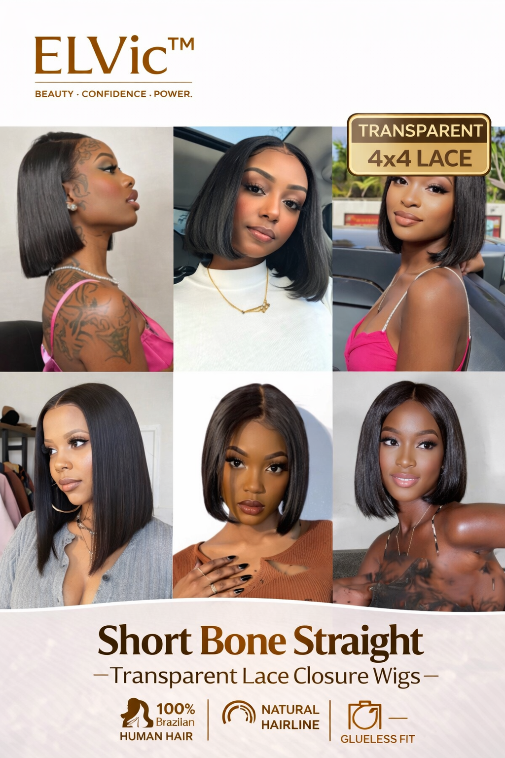 ELVic™ Short Bone Straight Lace Wig – 100% Human Hair Bob with Transparent Lace