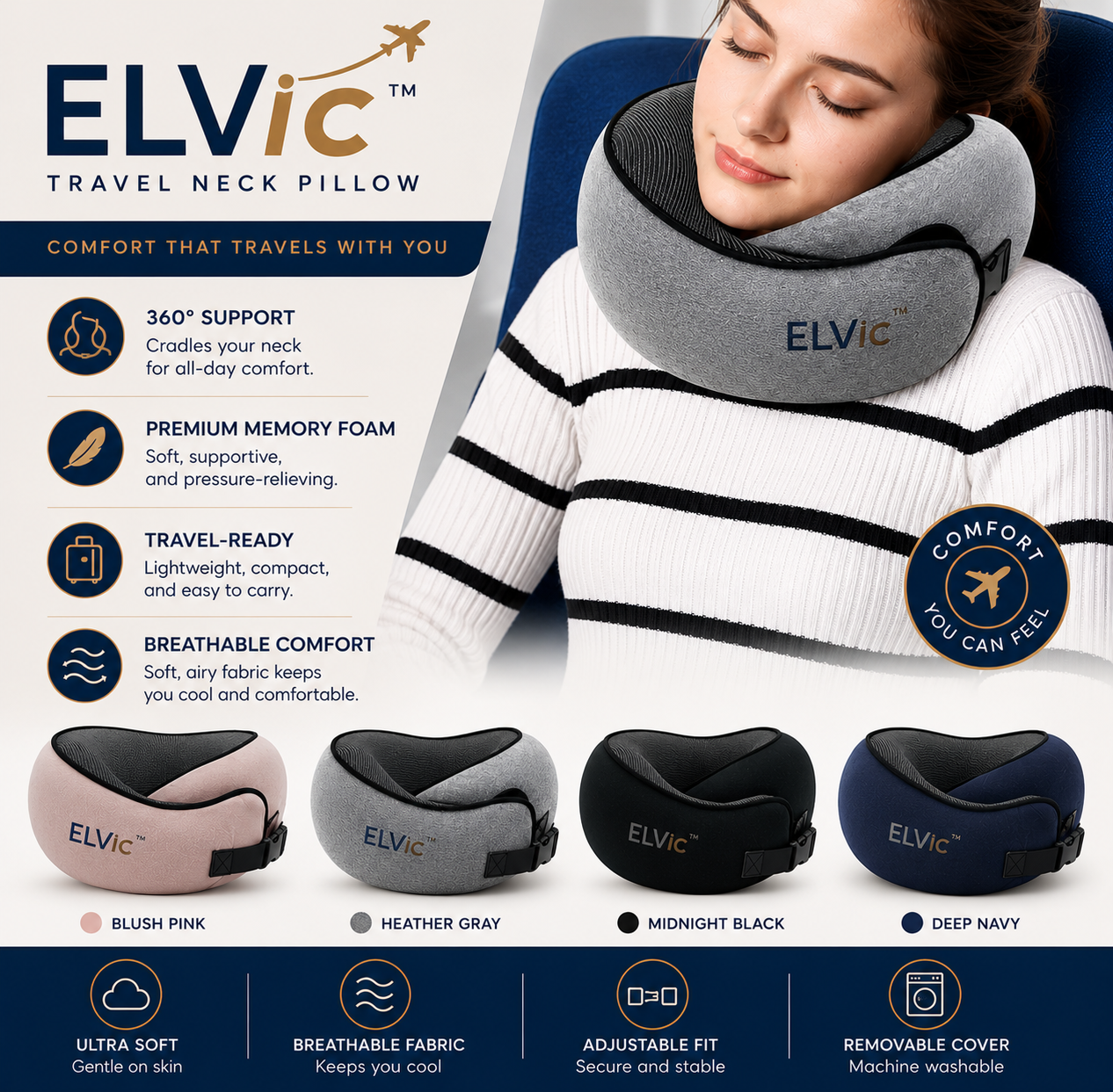 ELVic™ CloudRest Memory Foam Travel Neck Pillow – Adjustable U-Shaped Neck Support for Airplane, Car, Office & Home
