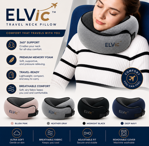 ELVic™ CloudRest Memory Foam Travel Neck Pillow – Adjustable U-Shaped Neck Support for Airplane, Car, Office & Home
