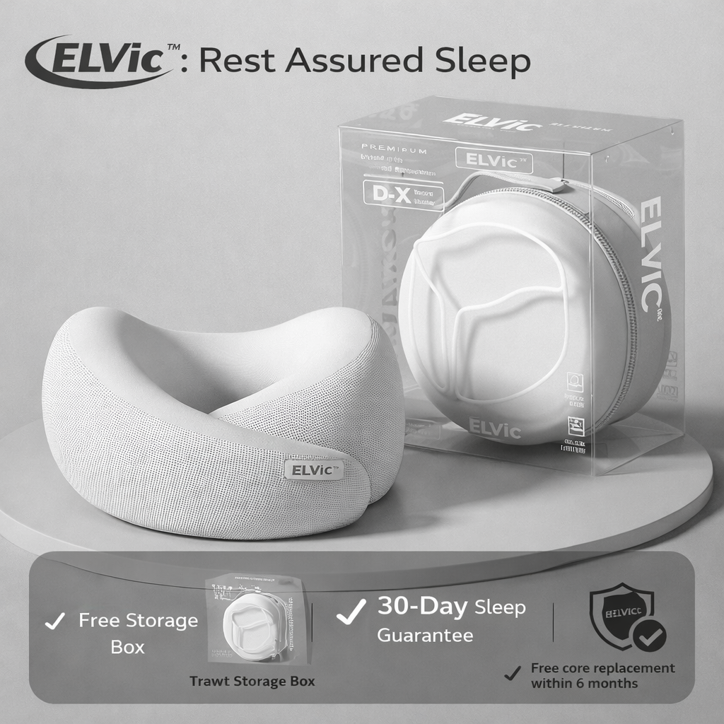 ELVic™ Memory Foam Travel Neck Pillow – Ergonomic U-Shape Support for Airplane, Car & Office
