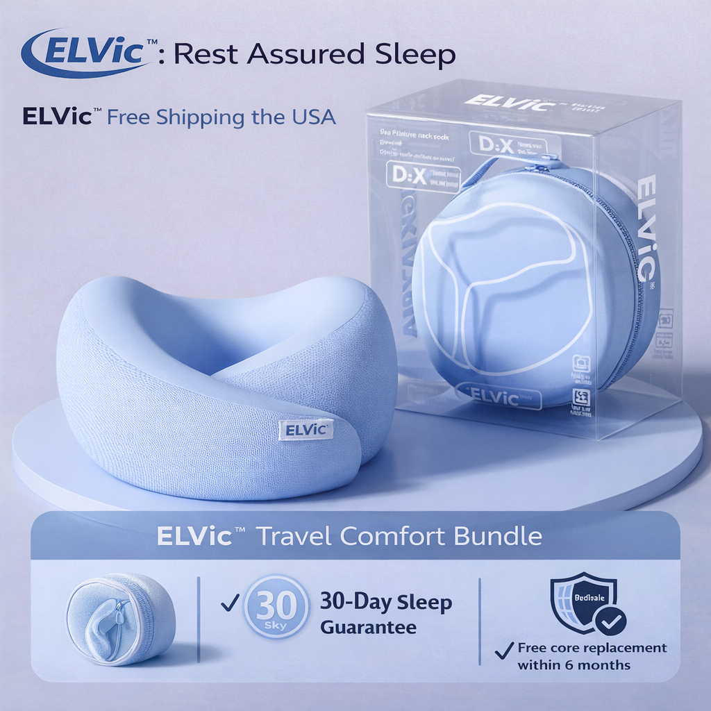 ELVic™ Memory Foam Travel Neck Pillow – Ergonomic U-Shape Support for Airplane, Car & Office