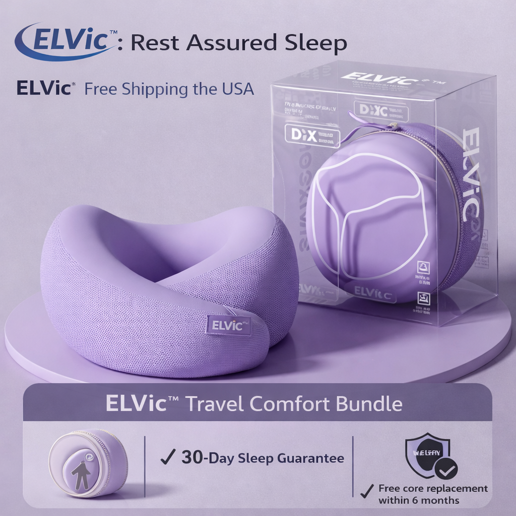 ELVic™ Memory Foam Travel Neck Pillow – Ergonomic U-Shape Support for Airplane, Car & Office