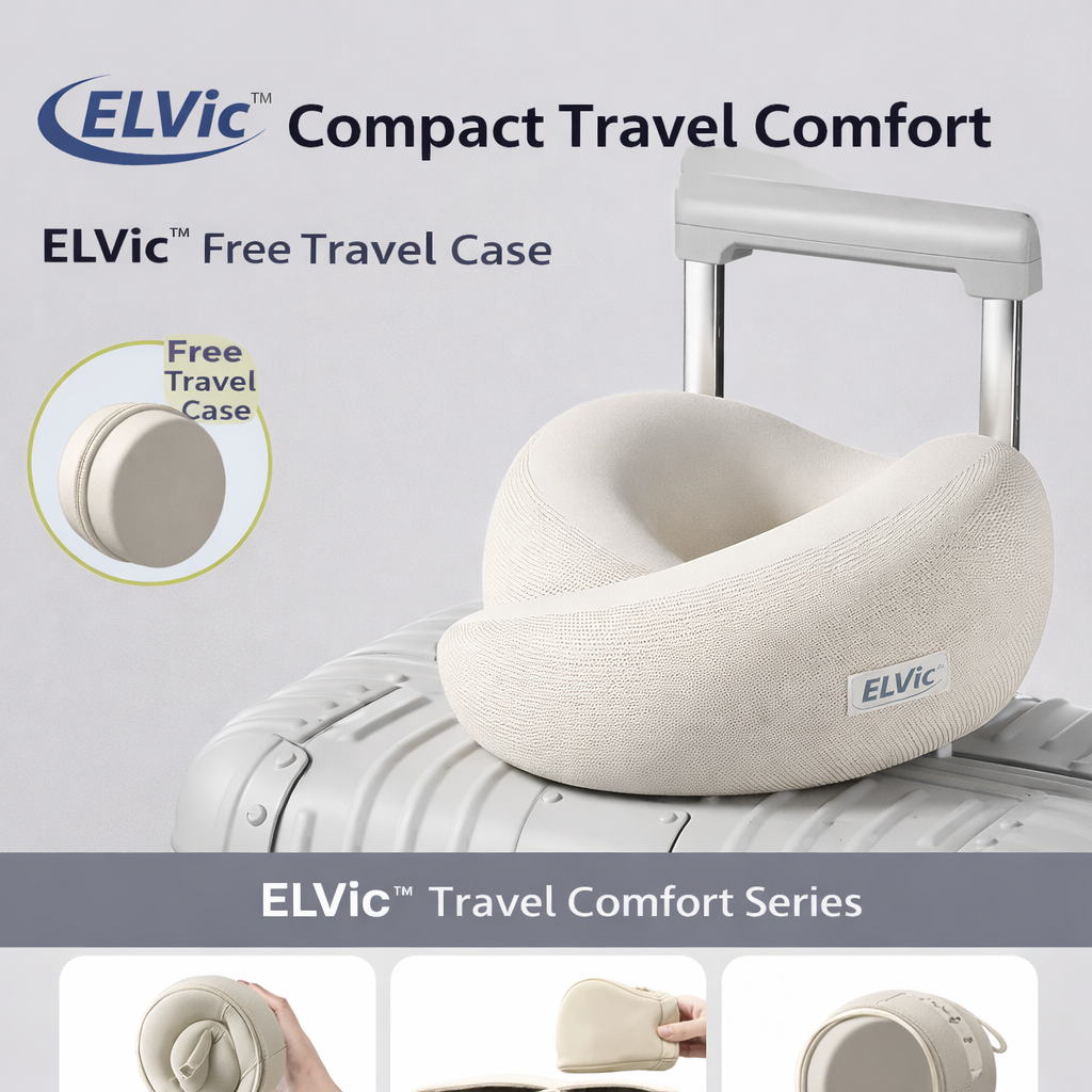 ELVic™ Memory Foam Travel Neck Pillow – Ergonomic U-Shape Support for Airplane, Car & Office