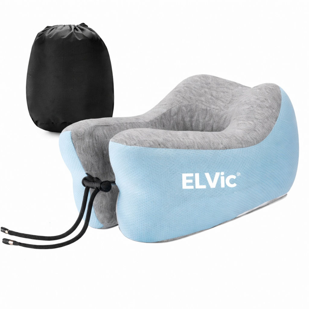 ELVic™ Premium Memory Foam Travel Neck Pillow – Portable Ergonomic Comfort for Airplane, Car & Office
