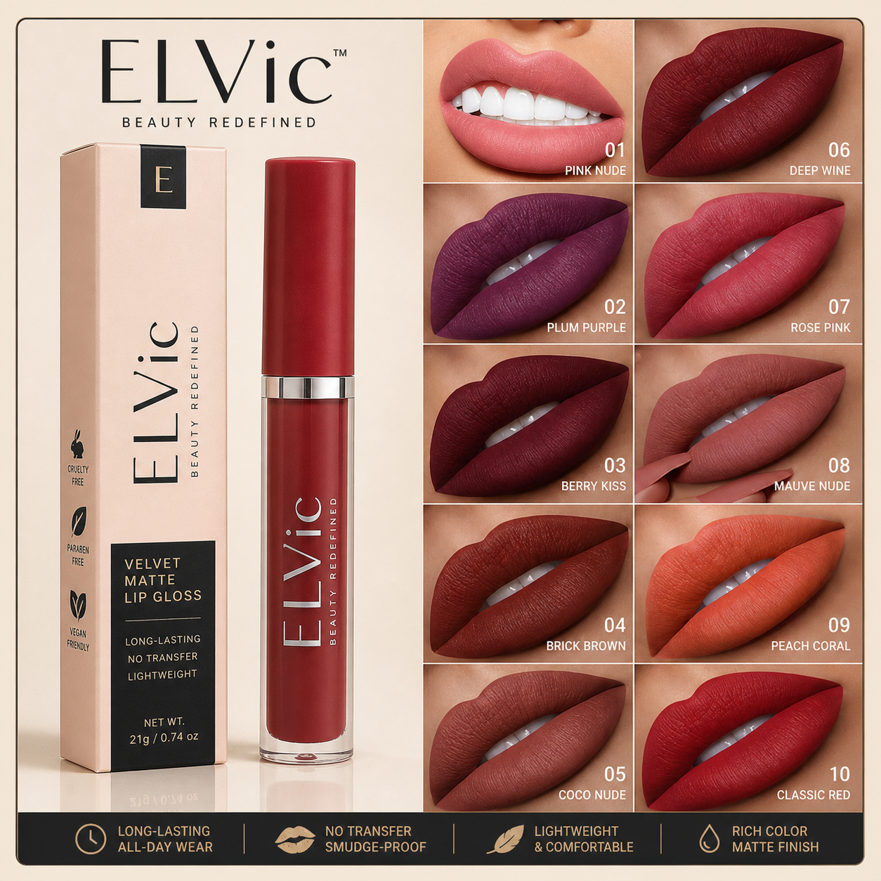 ELVic™ Velvet Matte No-Transfer Lip Gloss | Long-Lasting Waterproof Finish