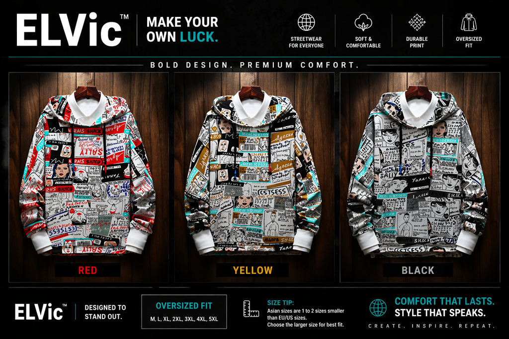 ELVic™ Oversized Printed Hoodie – Streetwear Cotton Blend Pullover (Men)