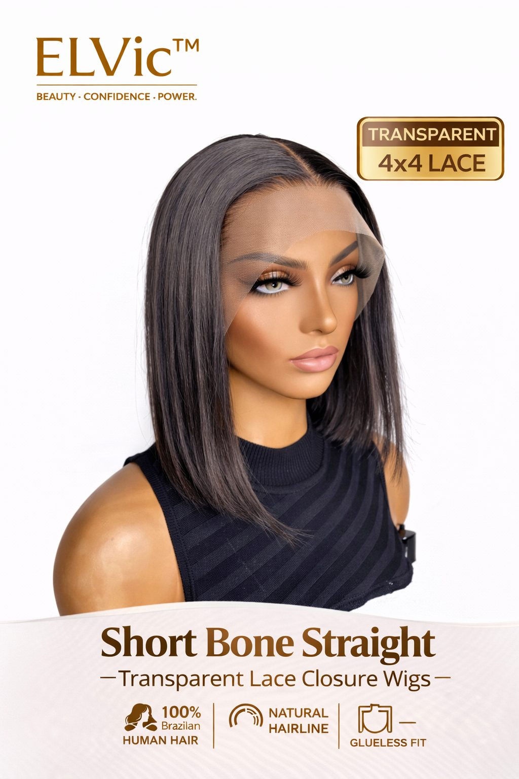 ELVic™ Short Bone Straight Lace Wig – 100% Human Hair Bob with Transparent Lace