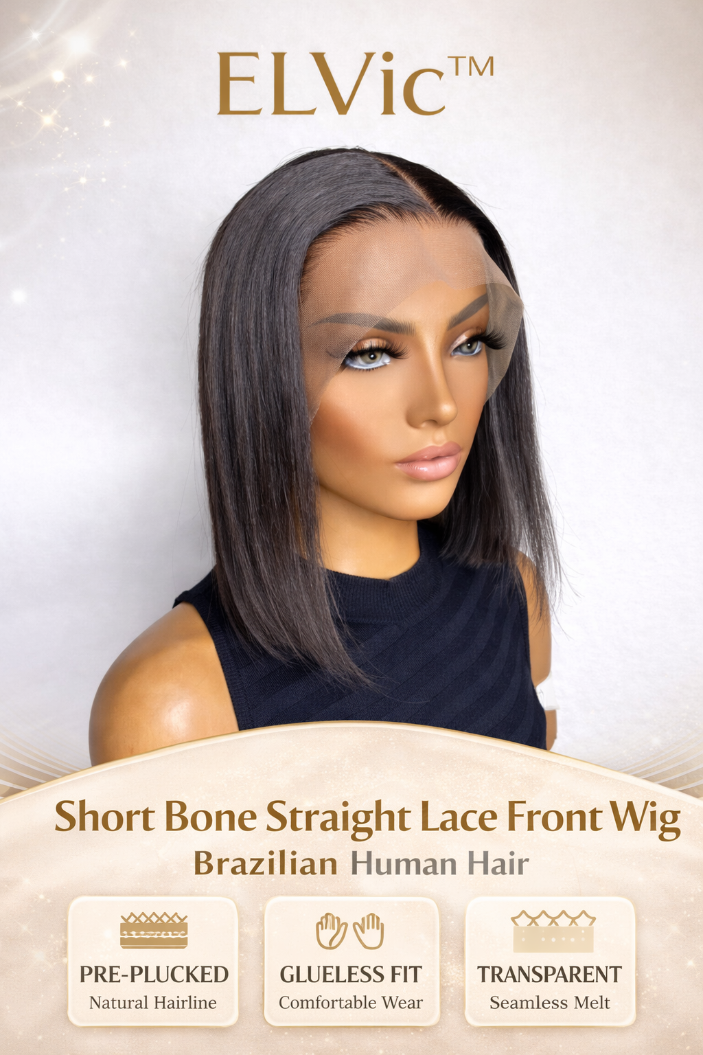 ELVic™ Short Bone Straight Lace Wig – 100% Human Hair Bob with Transparent Lace