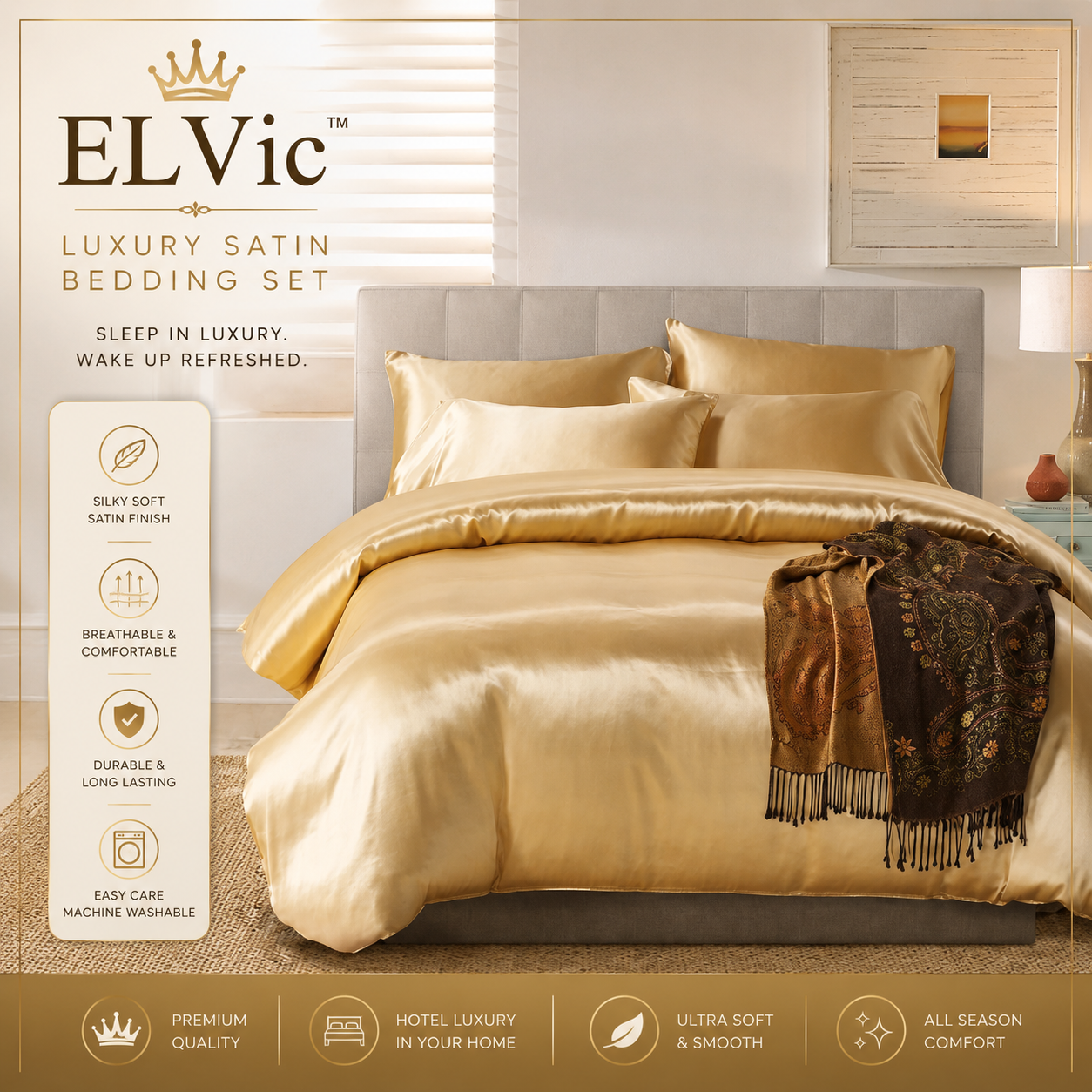 ELVic™ Luxury Satin Bedding Set – 3 Piece Hotel Collection
