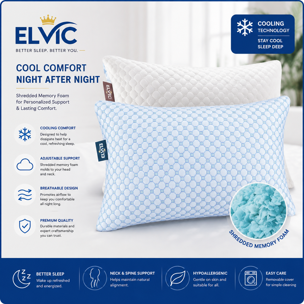ELVic™ Cooling Shredded Memory Foam Pillow – Bamboo Fiber Adjustable Support