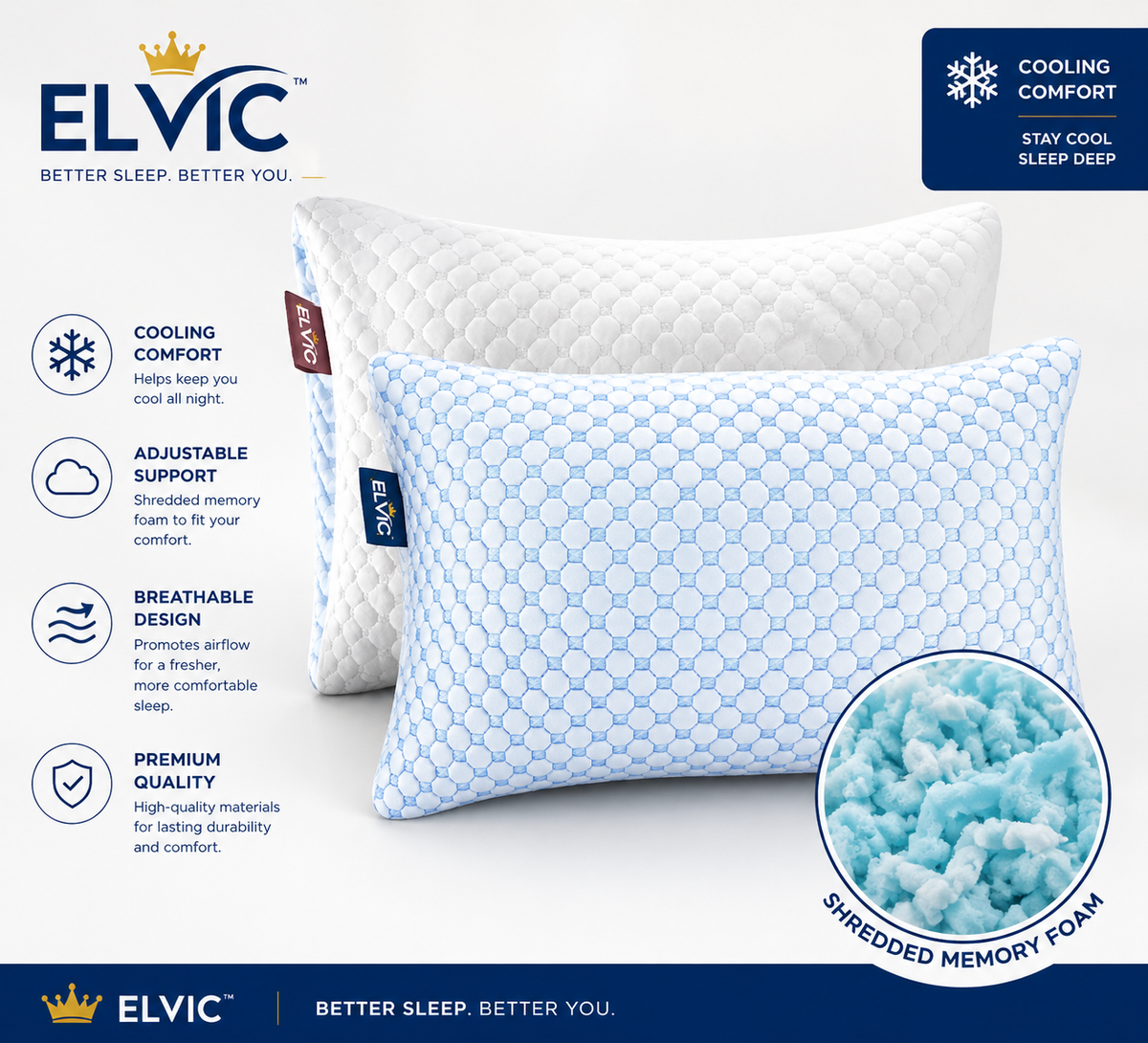 ELVic™ Cooling Shredded Memory Foam Pillow – Bamboo Fiber Adjustable Support