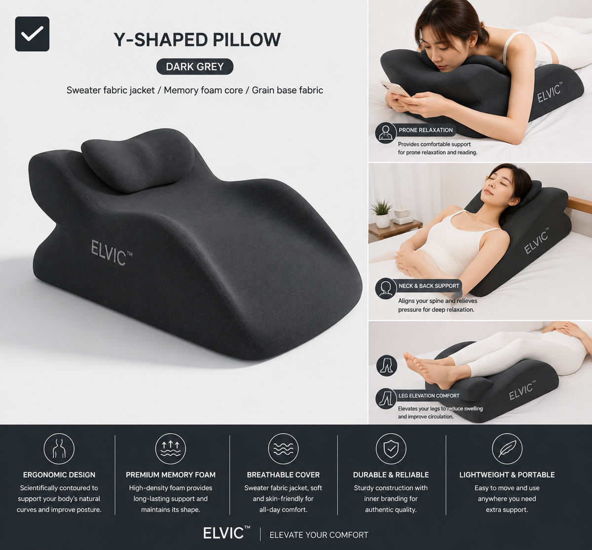 ELVic™ ElevatePro Memory Foam Support Pillow – Ergonomic Reading & Relaxation Cushion