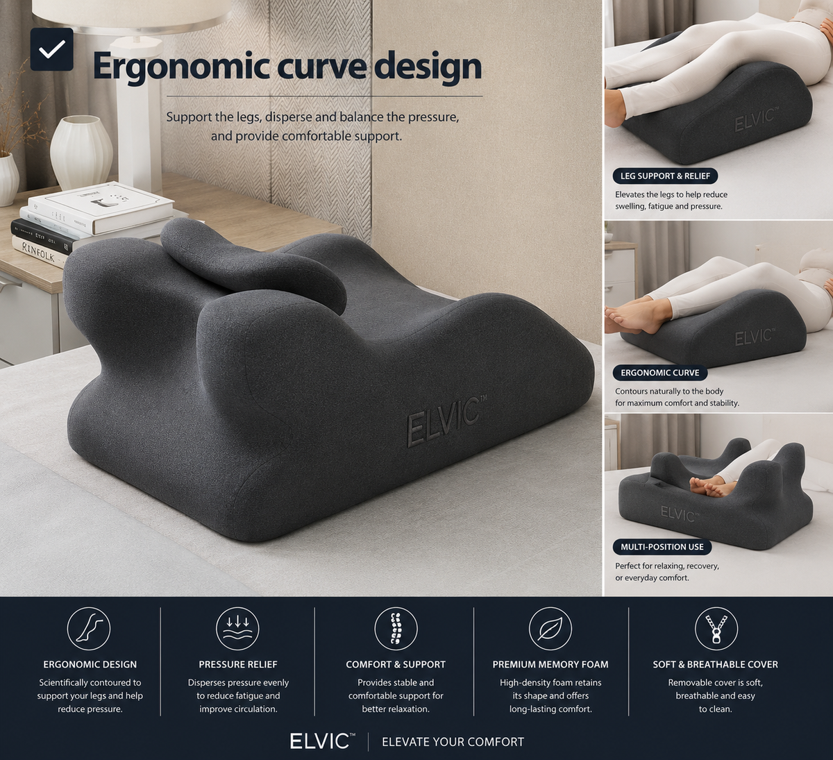 ELVic™ ElevatePro Memory Foam Support Pillow – Ergonomic Reading & Relaxation Cushion