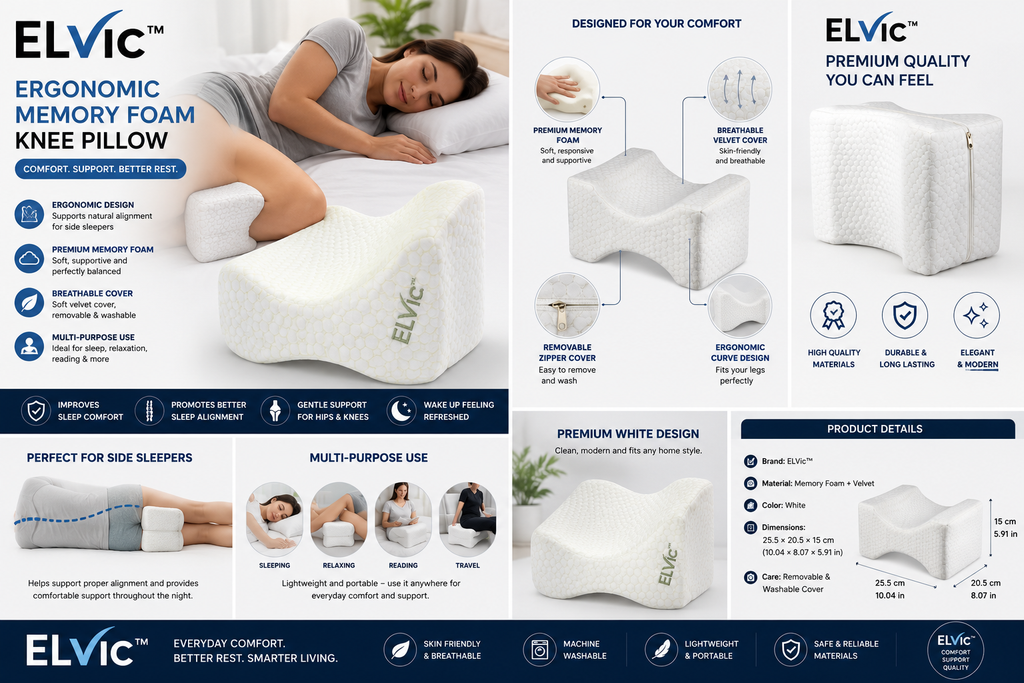 ELVic™ Ergonomic Memory Foam Knee Pillow – Leg Support Cushion for Side Sleepers, Relaxation & Everyday Comfort
