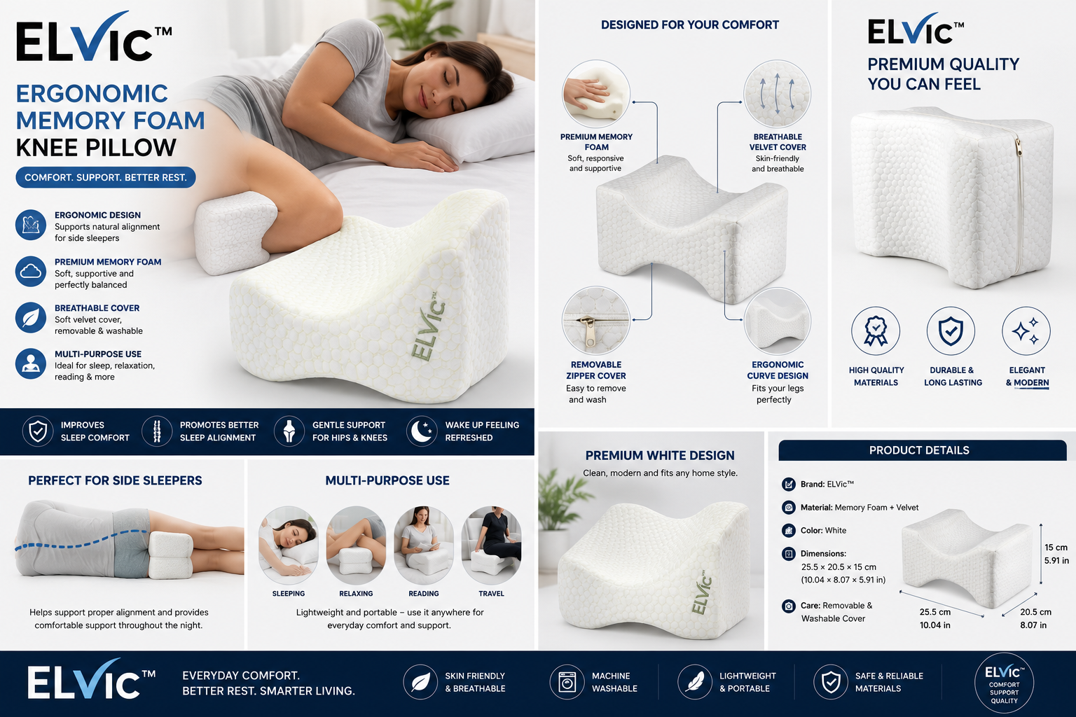 ELVic™ Ergonomic Memory Foam Knee Pillow – Leg Support Cushion for Side Sleepers, Relaxation & Everyday Comfort