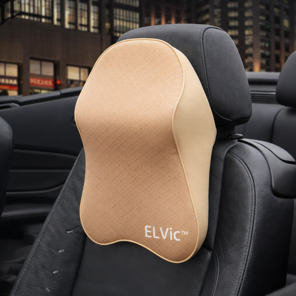 ELVic™ DriveComfort Memory Foam Car Neck Pillow – Ergonomic Headrest Support for Pain-Free Driving