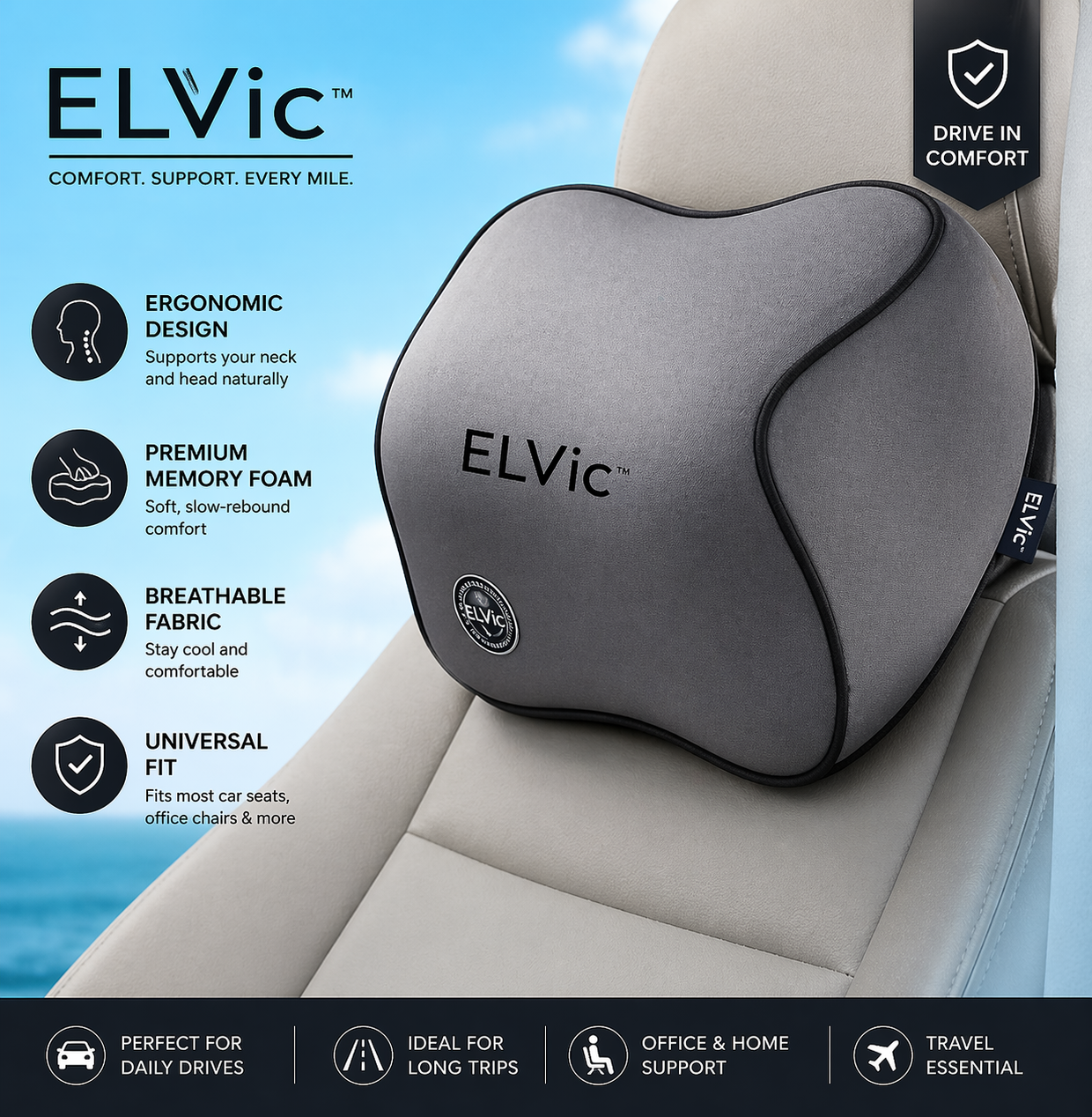 ELVic™ Ergonomic Memory Foam Car Neck Pillow – Pain Relief Headrest Support for Driving Comfort
