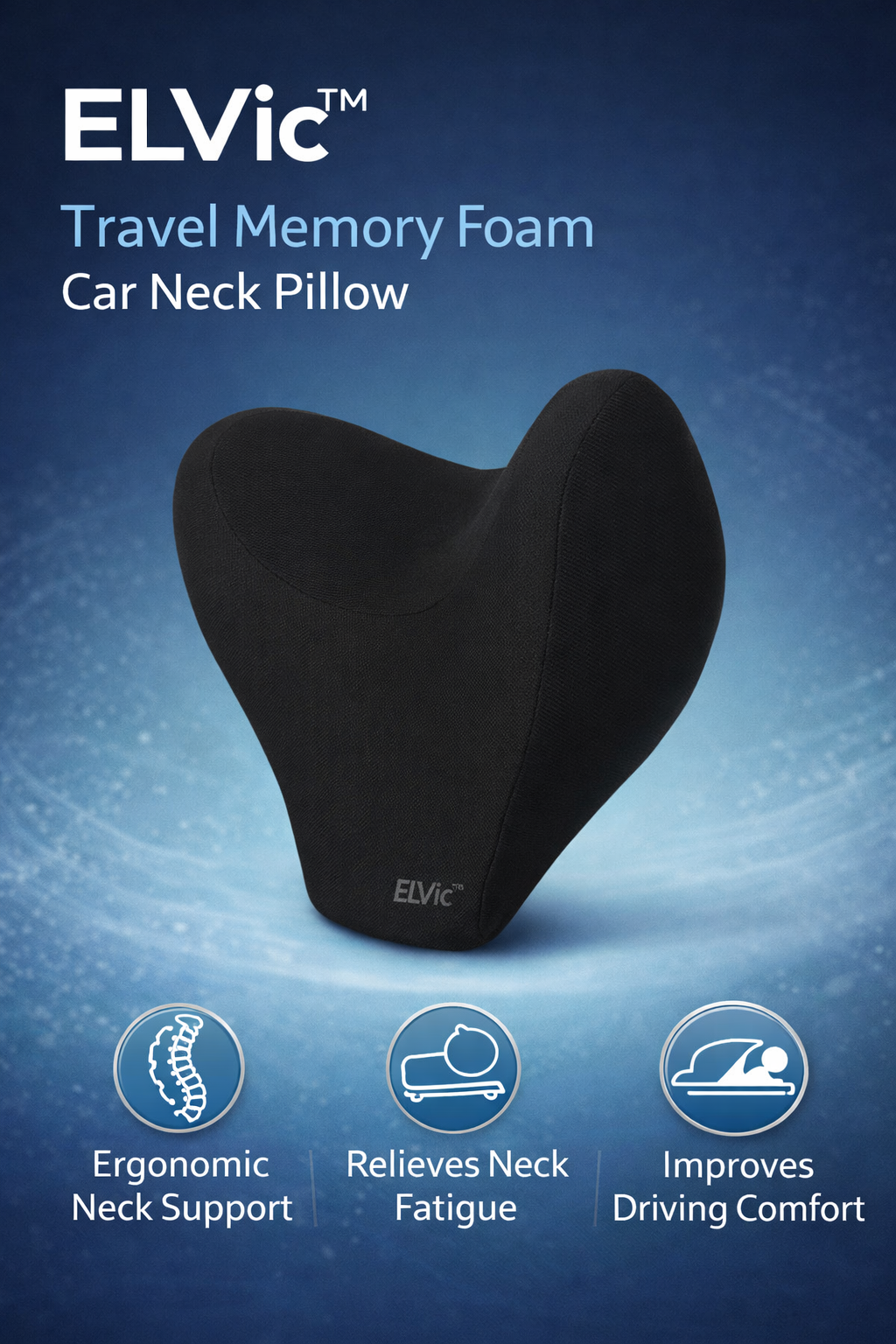 ELVic™ Travel Memory Foam Car Neck Pillow – Ergonomic Head & Neck Support for Driving Comfort