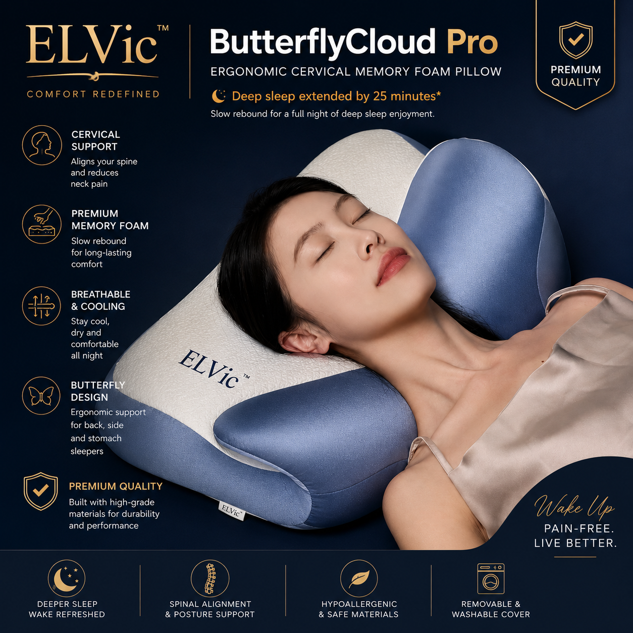 ELVic™ ButterflyCloud Pro – Ergonomic Cervical Memory Foam Pillow for Neck & Spine Support