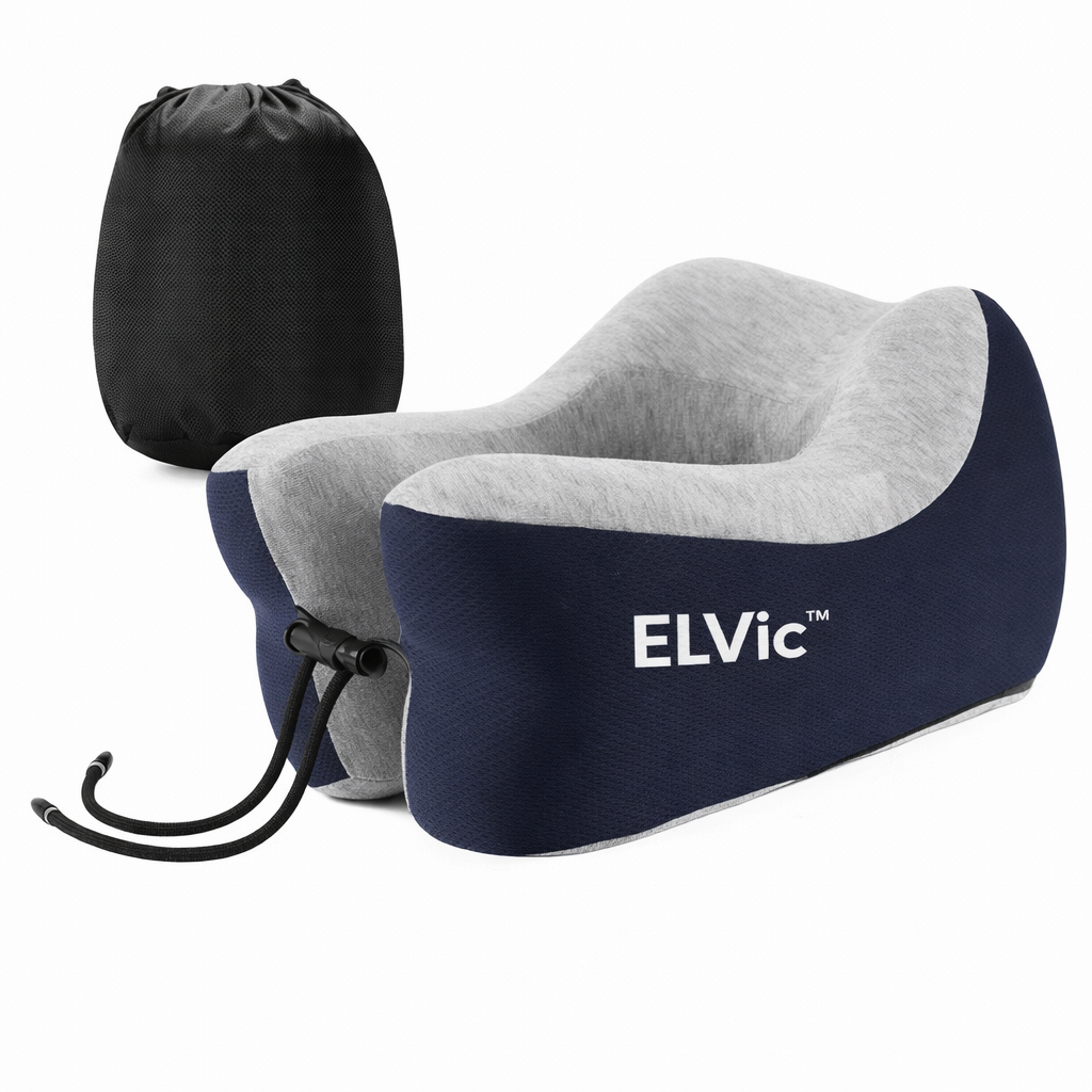 ELVic™ Premium Memory Foam Travel Neck Pillow – Portable Ergonomic Comfort for Airplane, Car & Office