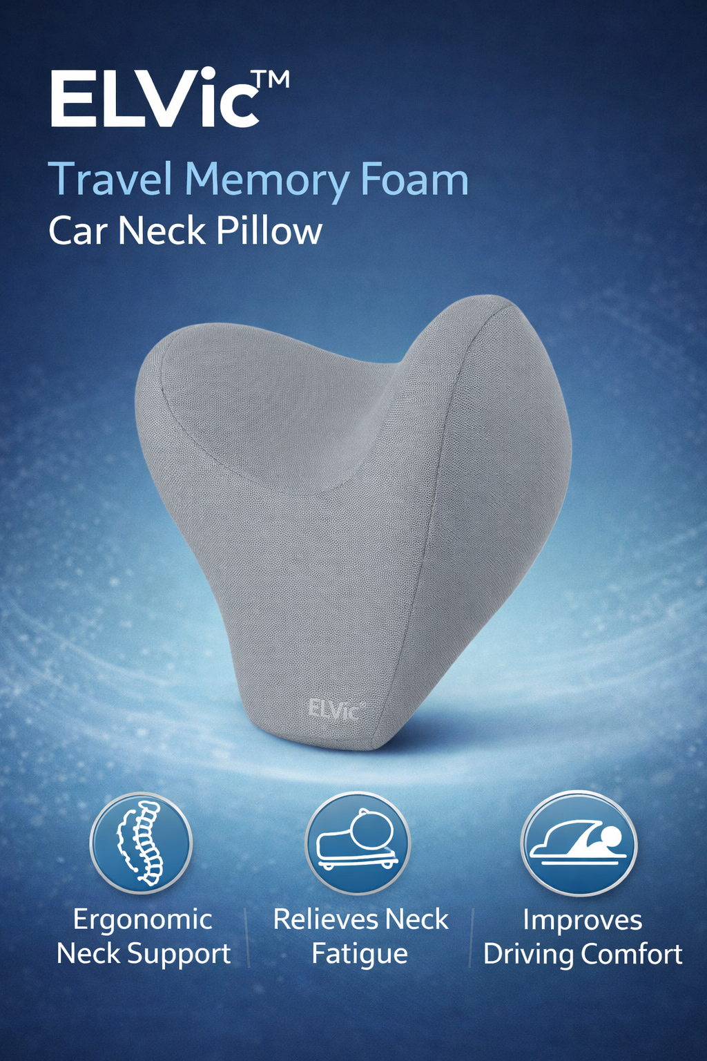 ELVic™ Travel Memory Foam Car Neck Pillow – Ergonomic Head & Neck Support for Driving Comfort
