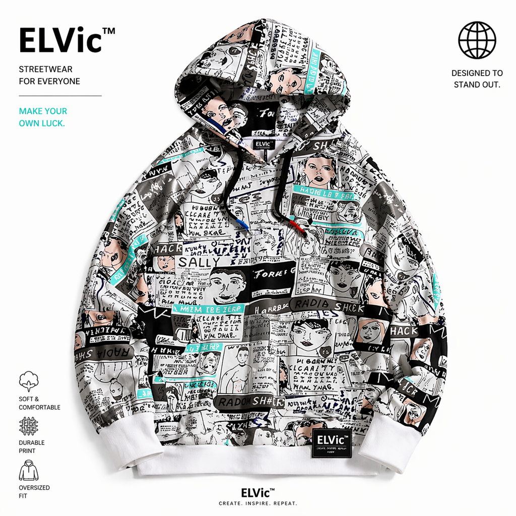 ELVic™ Oversized Printed Hoodie – Streetwear Cotton Blend Pullover (Men)