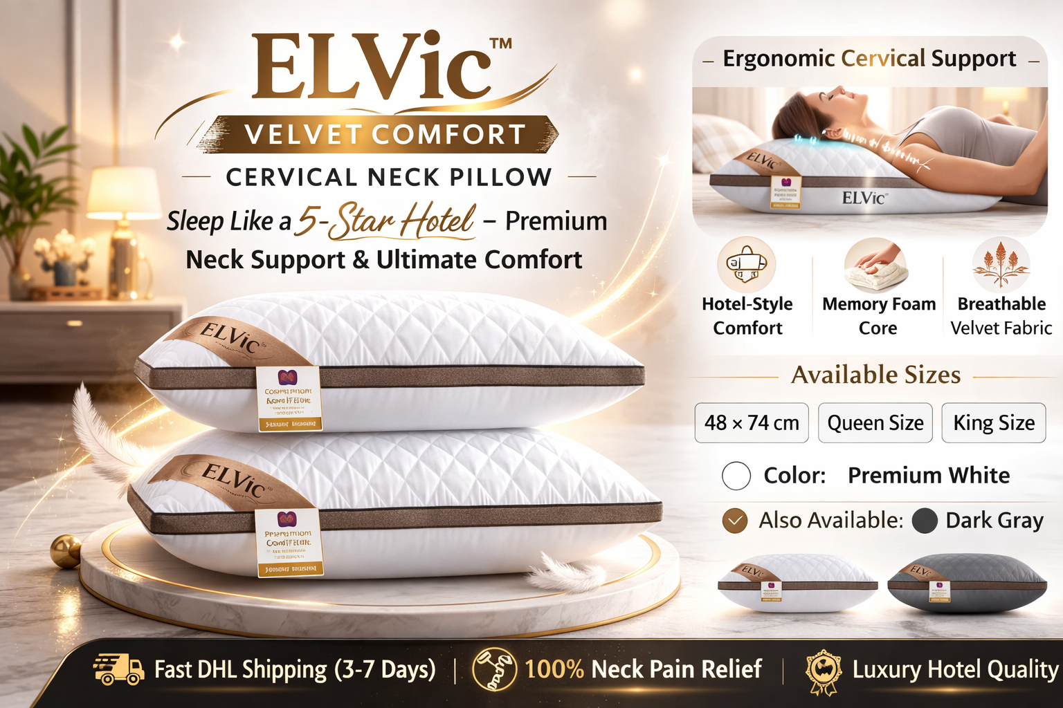 ELVic™ Velvet Comfort Cervical Neck Pillow – Hotel-Style Support for Deep Sleep