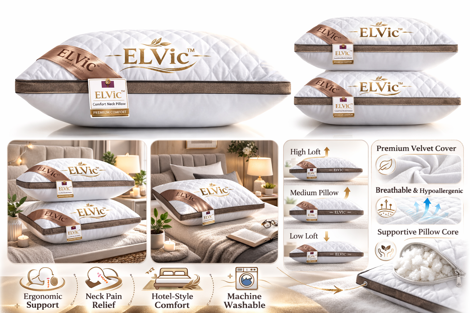 ELVic™ Velvet Comfort Cervical Neck Pillow – Hotel-Style Support for Deep Sleep