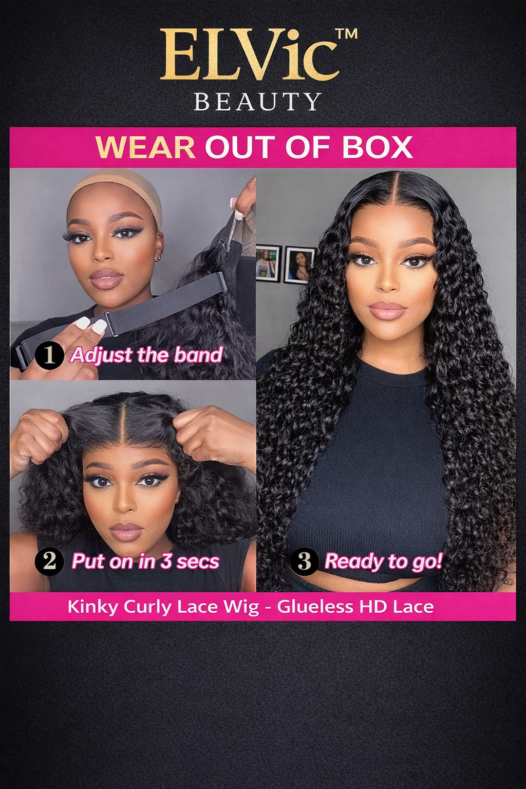 ELVic™ Kinky Curly Lace Frontal Wig – Glueless HD Transparent Lace (Natural Black)