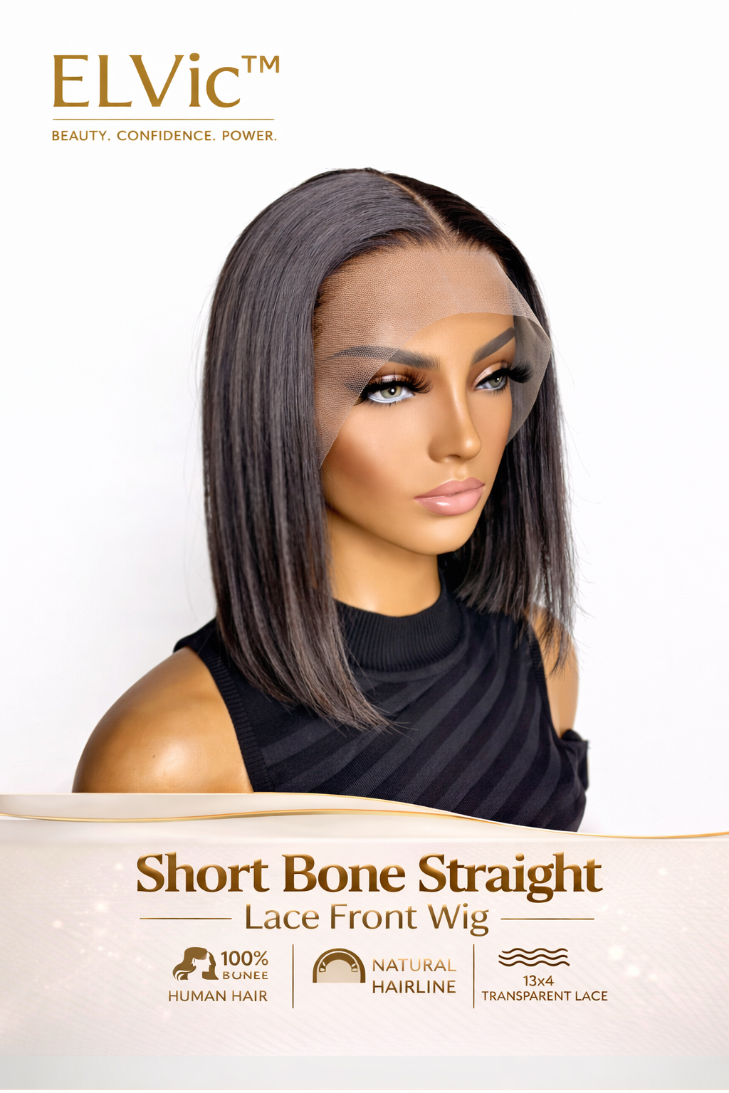 ELVic™ Short Bone Straight Lace Wig – 100% Human Hair Bob with Transparent Lace
