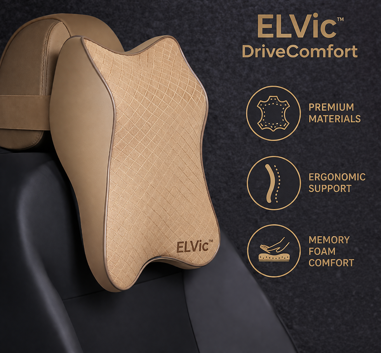 ELVic™ DriveComfort Memory Foam Car Neck Pillow – Ergonomic Headrest Support for Pain-Free Driving