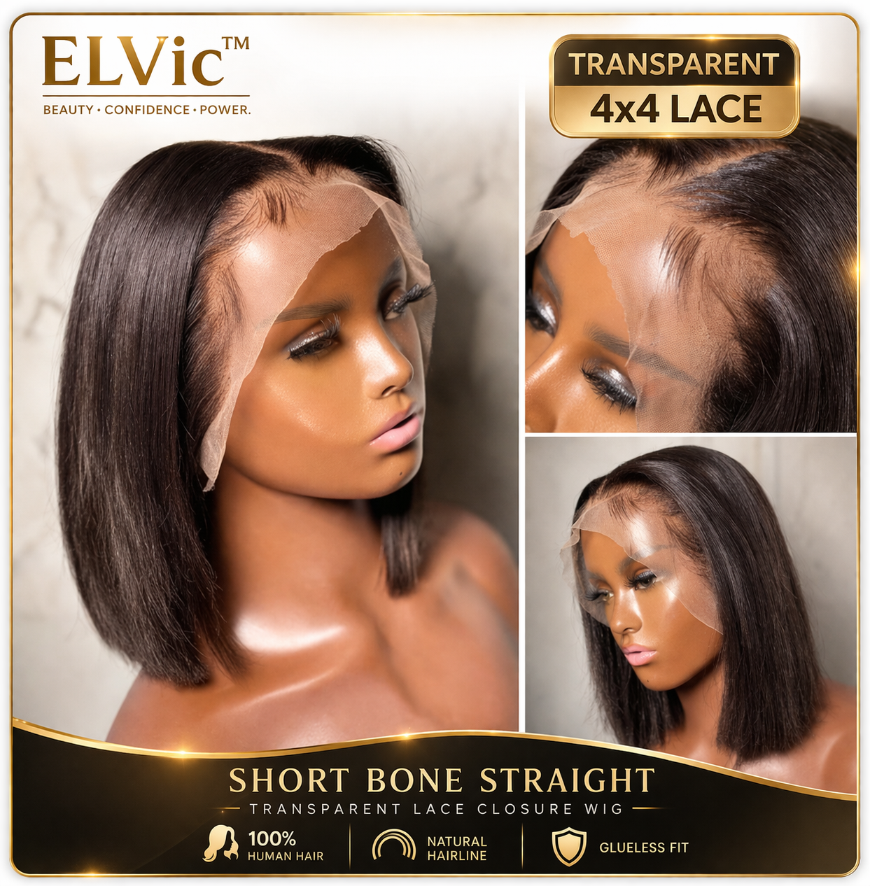 ELVic™ Short Bone Straight Lace Wig – 100% Human Hair Bob with Transparent Lace