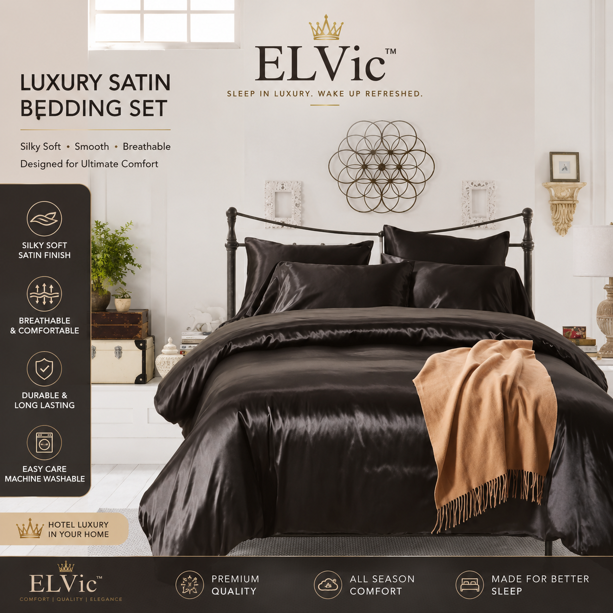 ELVic™ Luxury Satin Bedding Set – 3 Piece Hotel Collection