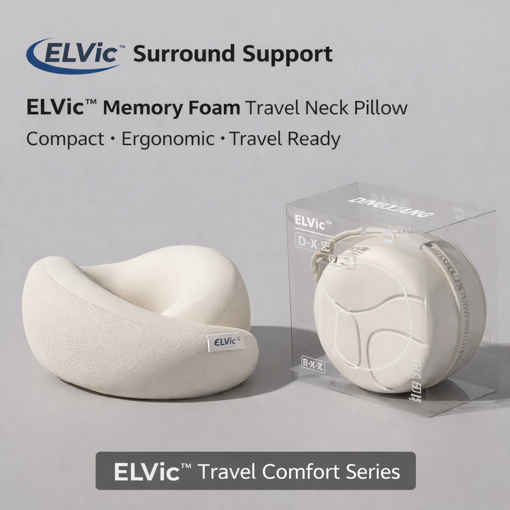 ELVic™ Memory Foam Travel Neck Pillow – Ergonomic U-Shape Support for Airplane, Car & Office