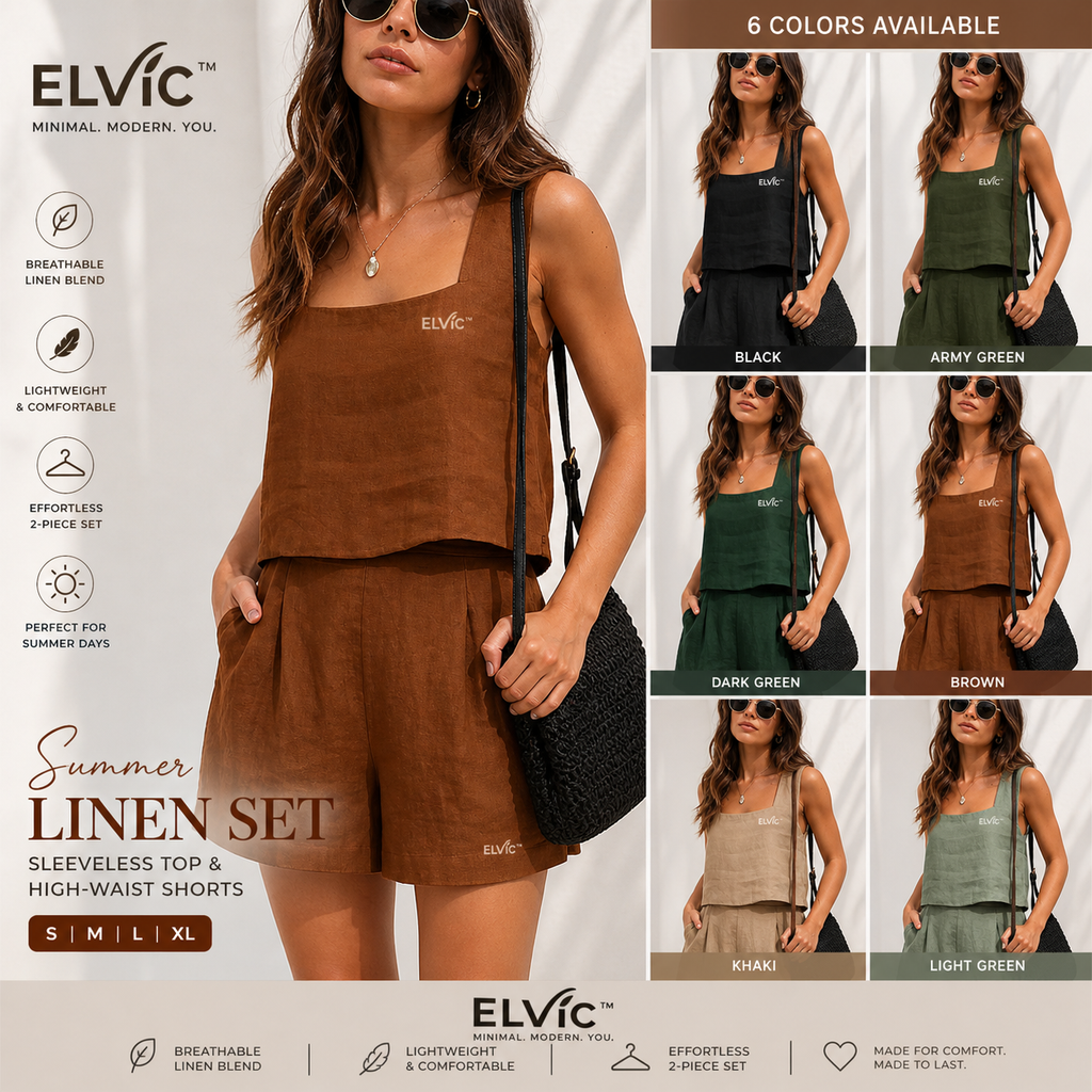 ELVic™ Summer Linen 2-Piece Set – Sleeveless Top & High-Waist Shorts