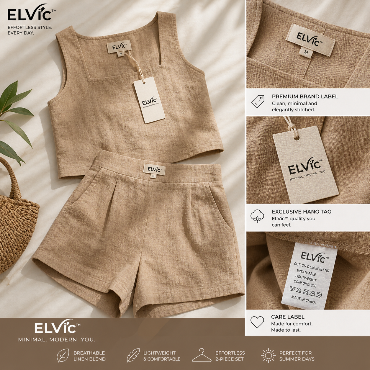 ELVic™ Summer Linen 2-Piece Set – Sleeveless Top & High-Waist Shorts