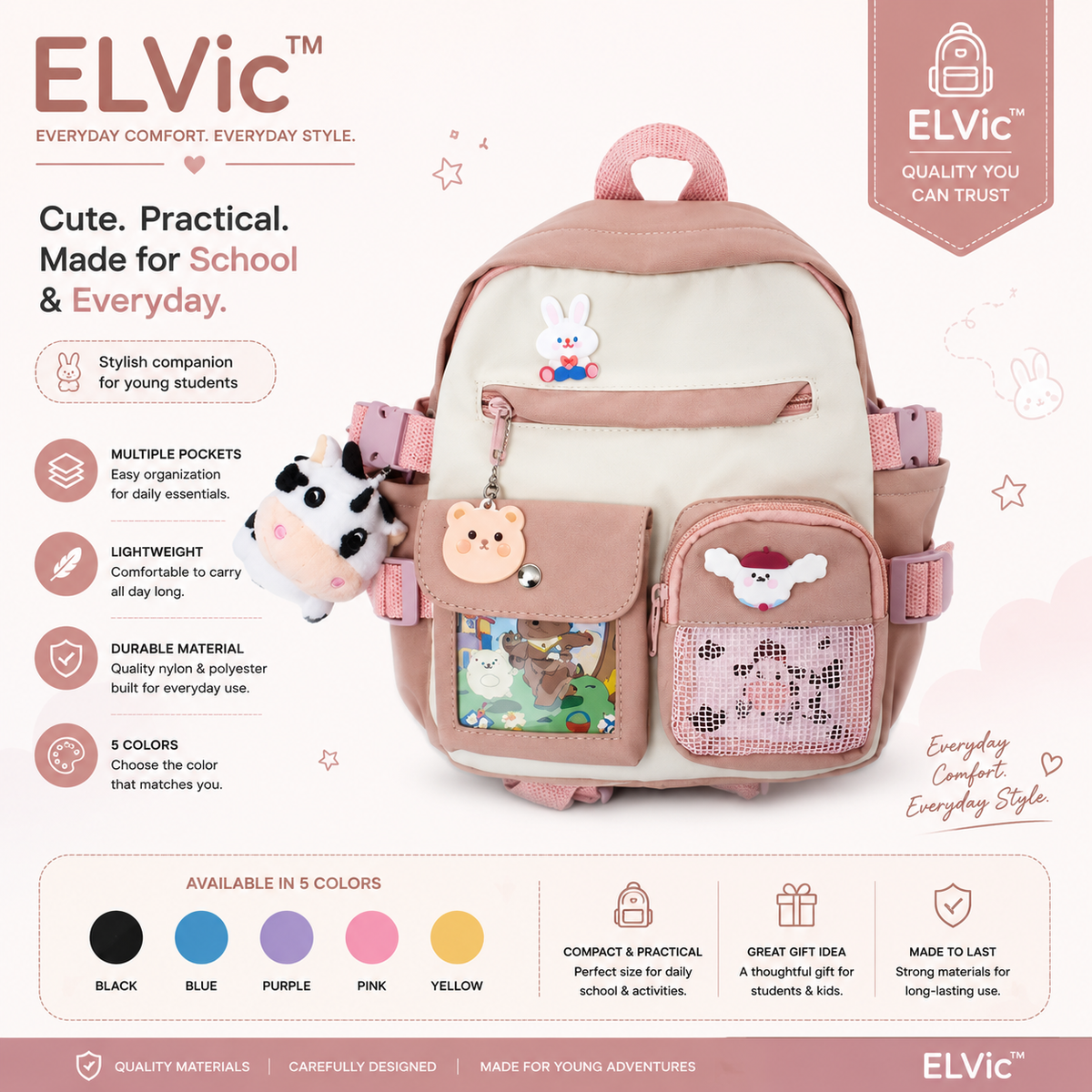 ELVic™ Cute Multi-Pocket Student Backpack – School & Everyday Bag