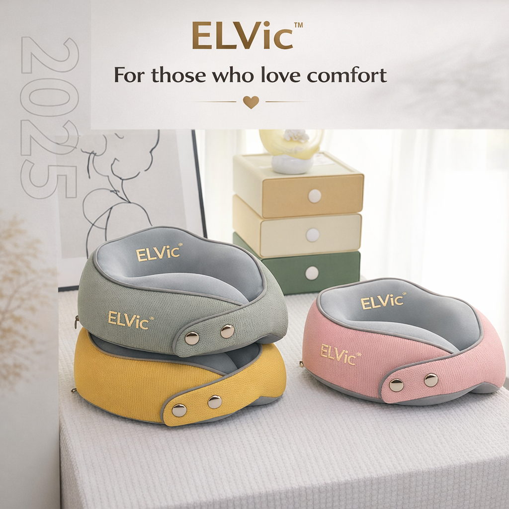 ELVic™ TravelLock Memory Foam Neck Pillow – Magnetic U-Shape Support for Comfortable Travel