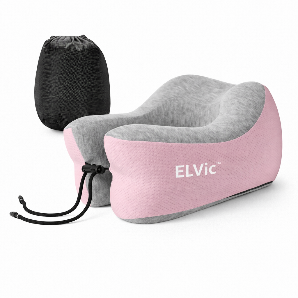 ELVic™ Premium Memory Foam Travel Neck Pillow – Portable Ergonomic Comfort for Airplane, Car & Office