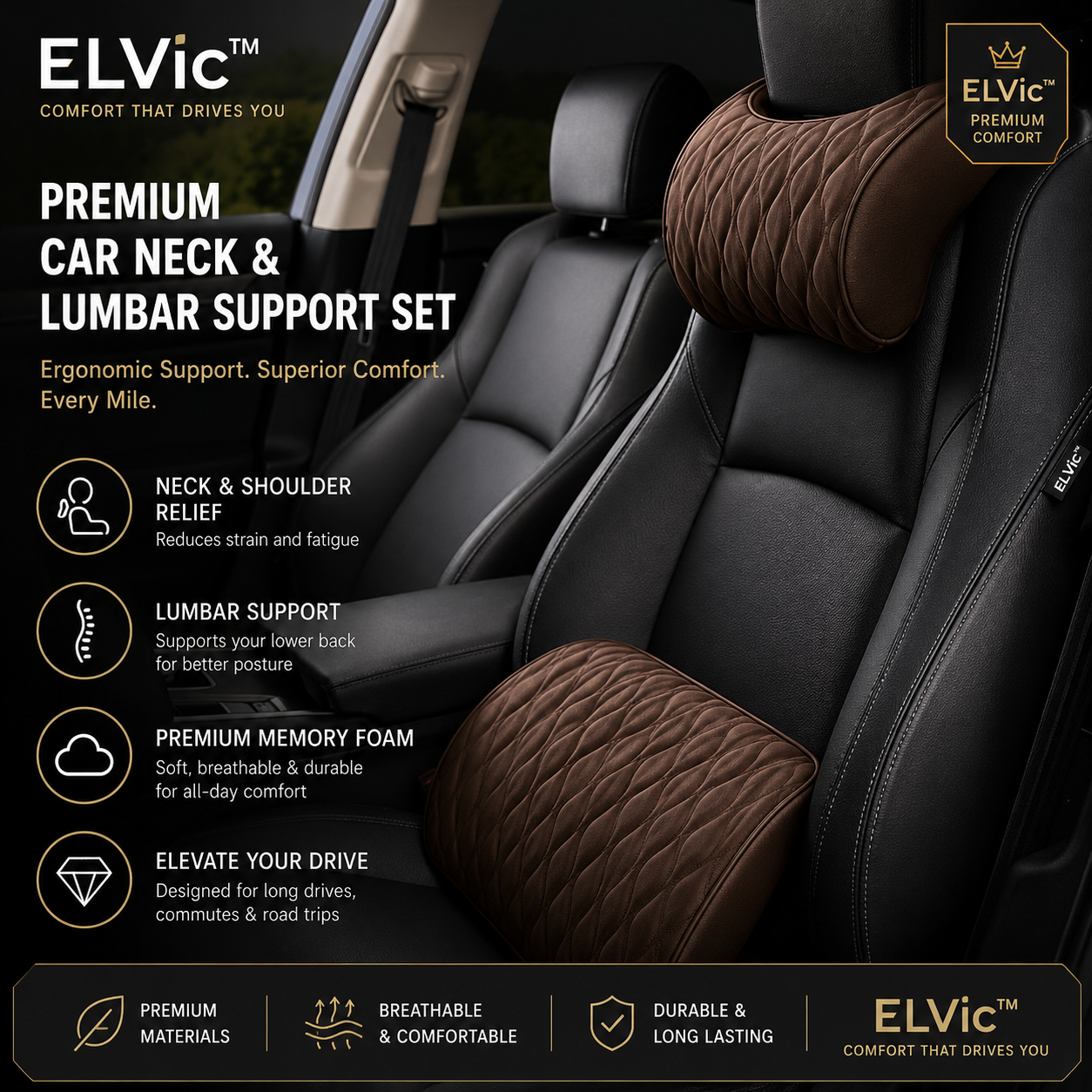 ELVic™ Ergonomic Memory Foam Car Neck & Lumbar Support Set