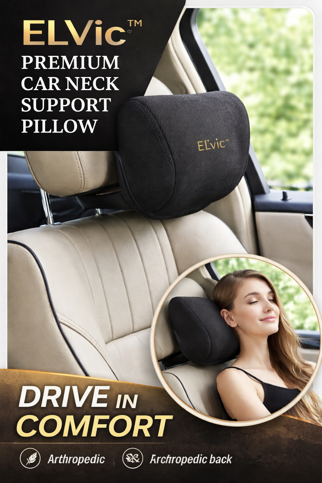 ELVic™ Premium Car Neck Support Pillow – Ergonomic Headrest Cushion for Comfortable Driving