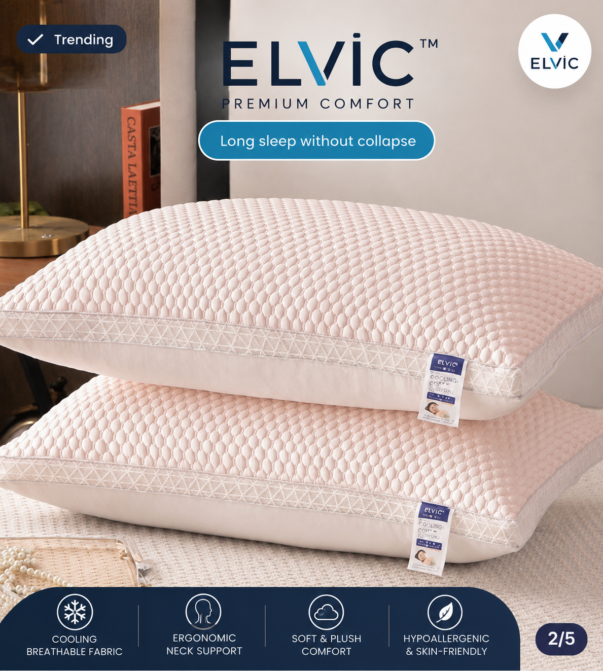 ELVic™ Cooling Breathable Bed Pillow – Ergonomic Neck Support for Side, Back & Stomach Sleepers