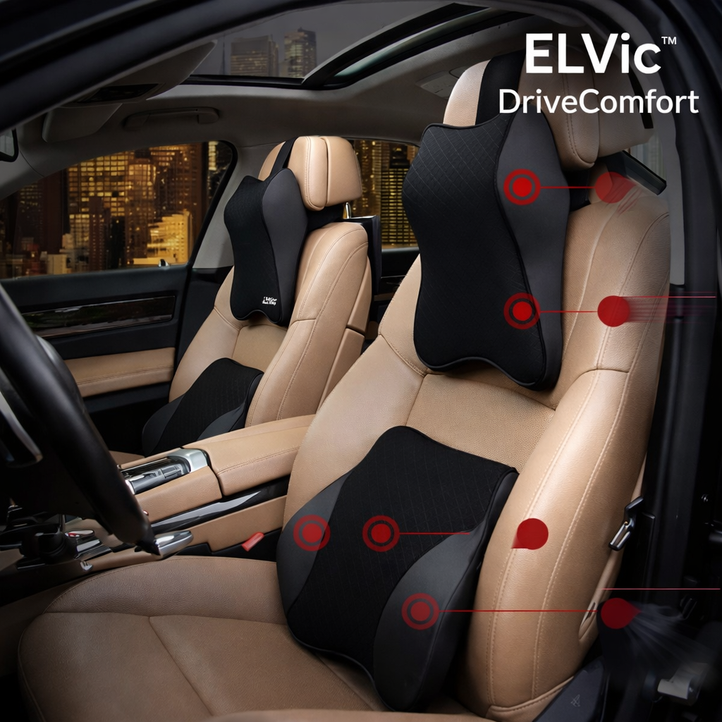 ELVic™ DriveComfort Memory Foam Car Neck Pillow – Ergonomic Headrest Support for Pain-Free Driving