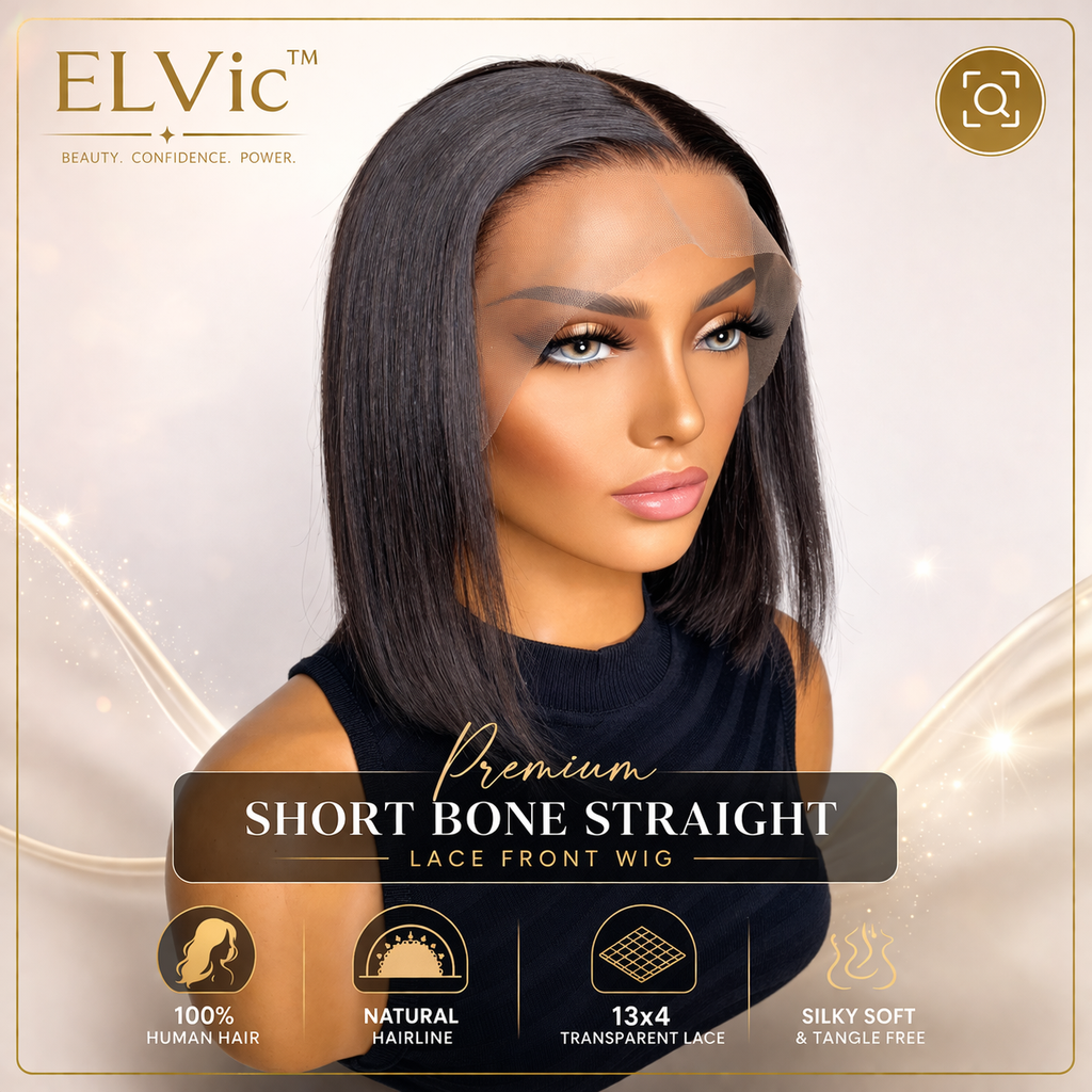 ELVic™ Short Bone Straight Lace Wig – 100% Human Hair Bob with Transparent Lace