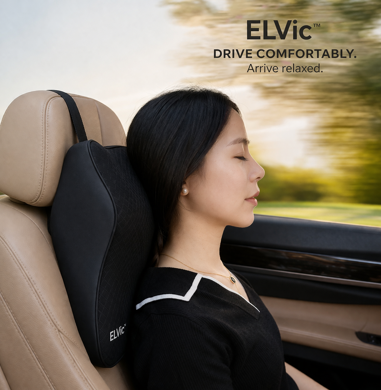 ELVic™ DriveComfort Memory Foam Car Neck Pillow – Ergonomic Headrest Support for Pain-Free Driving